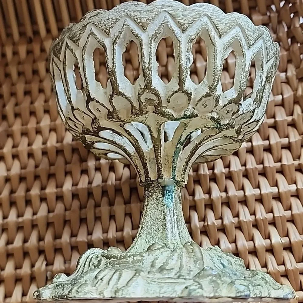 Vintage Distressed Metal Candleholder Cutwork Chalice with Felted Bottom